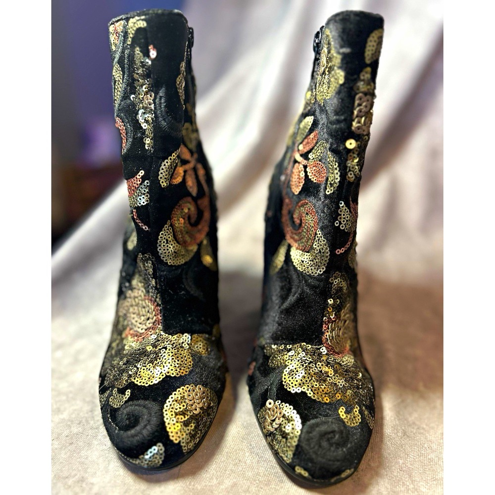 ALDO Women's Black Velvet Floral Sequin Ankle Bootie Round Toe Side Zip